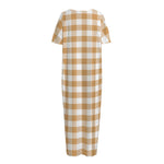 Brown And White Gingham Pattern Print Short Sleeve Long Nightdress