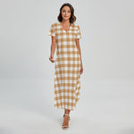 Brown And White Gingham Pattern Print Short Sleeve Maxi Dress