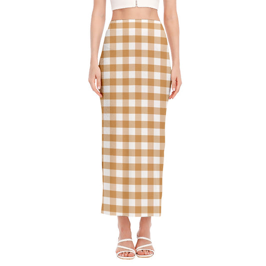 Brown And White Gingham Pattern Print Side Slit Maxi Skirt