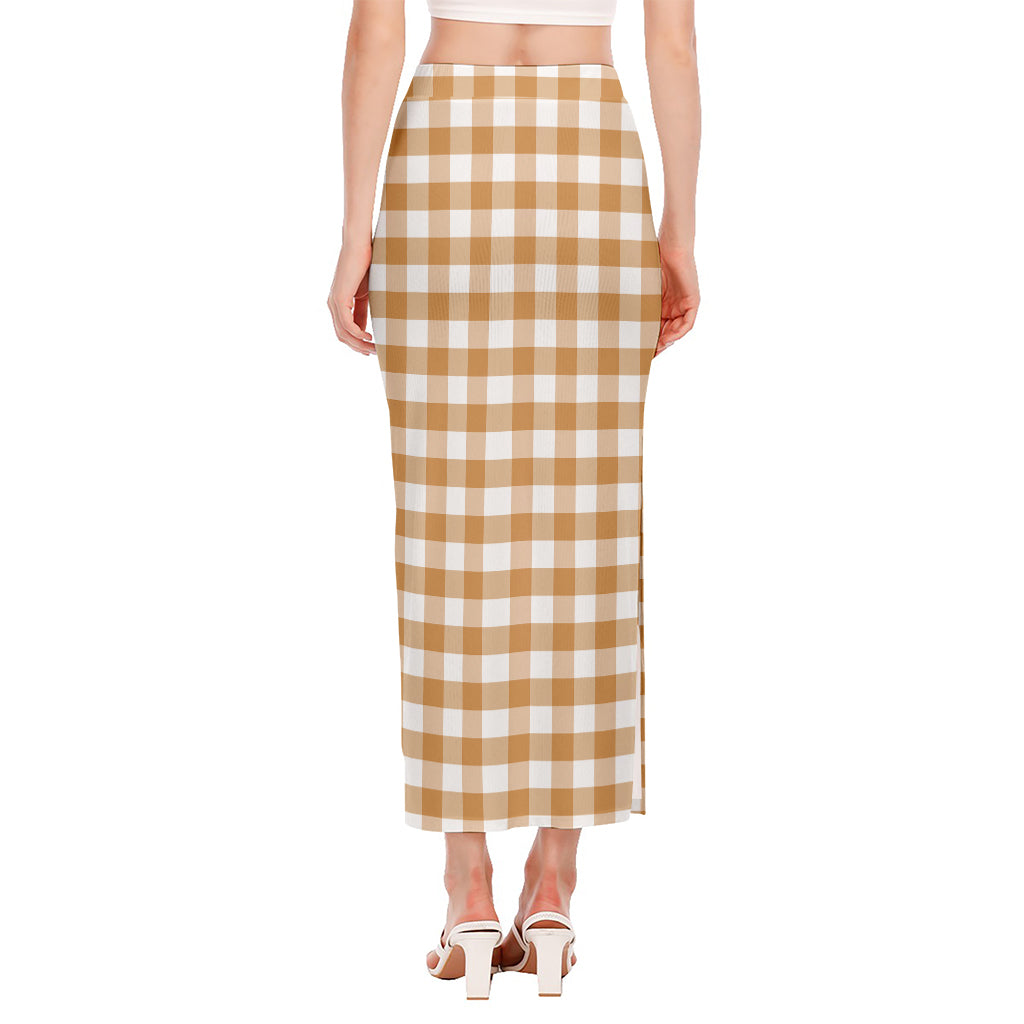 Brown And White Gingham Pattern Print Side Slit Maxi Skirt
