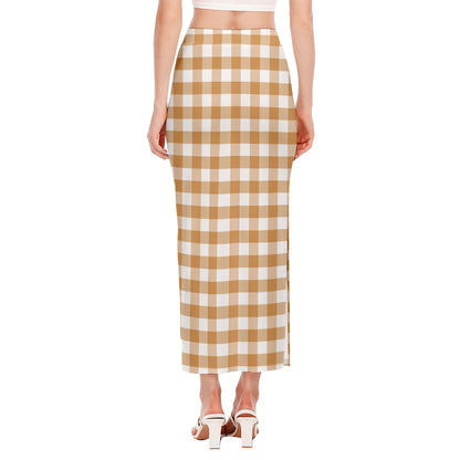 Brown And White Gingham Pattern Print Side Slit Maxi Skirt
