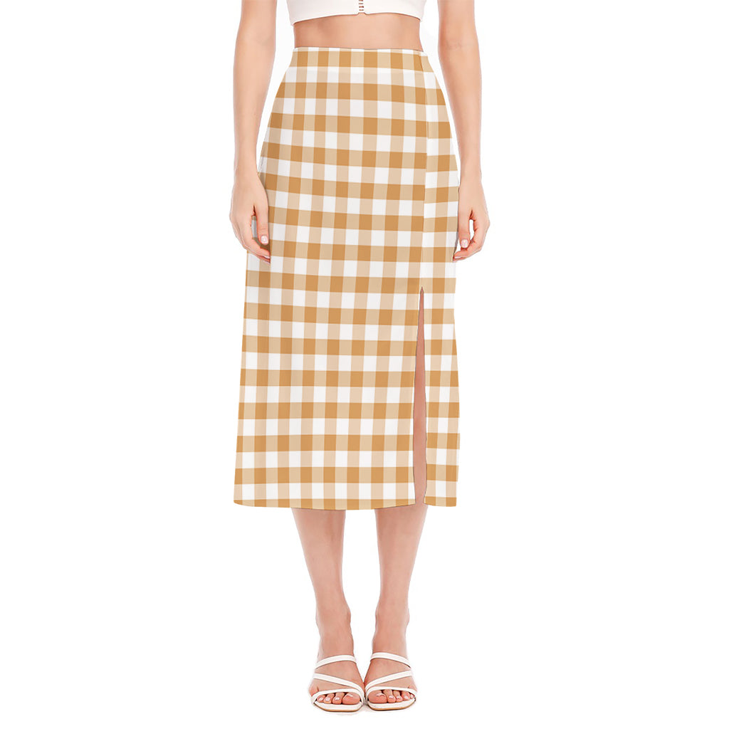 Brown And White Gingham Pattern Print Side Slit Midi Skirt