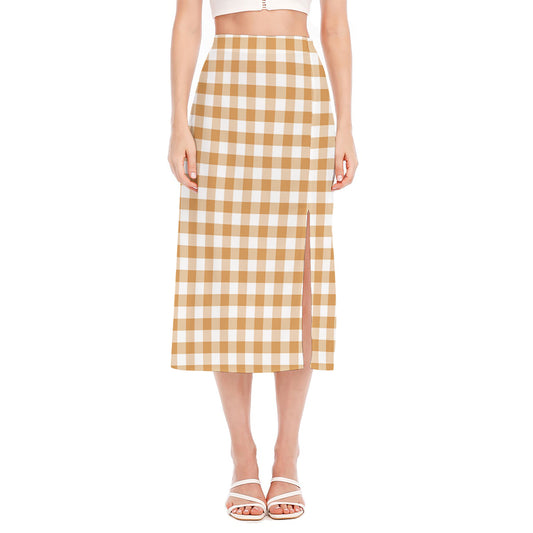 Brown And White Gingham Pattern Print Side Slit Midi Skirt