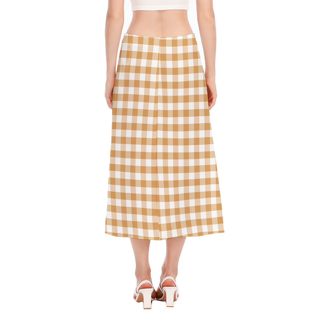 Brown And White Gingham Pattern Print Side Slit Midi Skirt