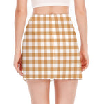 Brown And White Gingham Pattern Print Side Slit Mini Skirt
