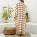 Brown And White Gingham Pattern Print Silk V-Neck Kaftan Dress