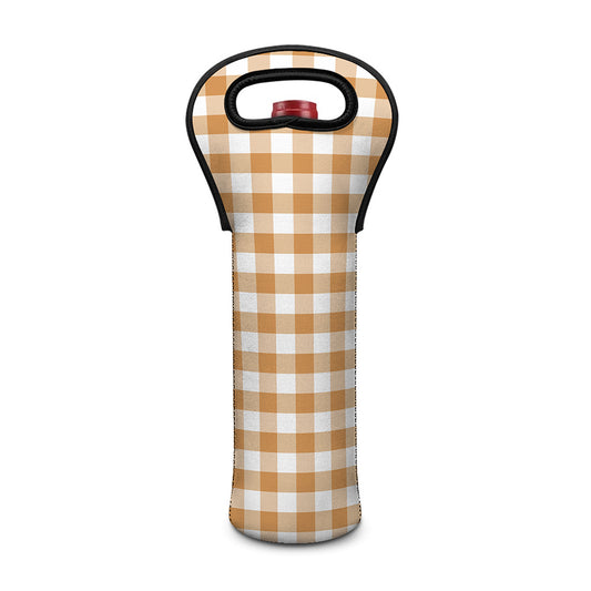 Brown And White Gingham Pattern Print Single Neoprene Wine Tote