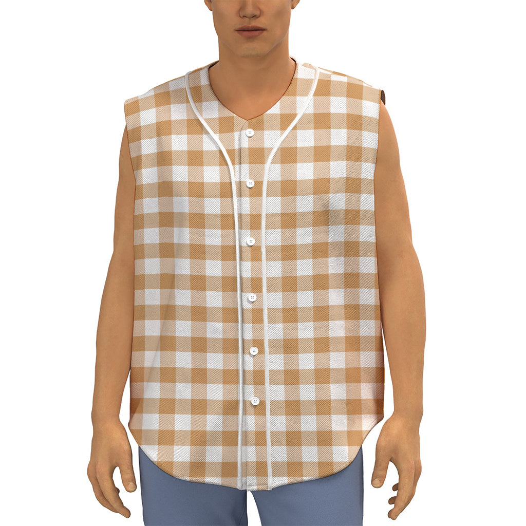 Brown And White Gingham Pattern Print Sleeveless Baseball Jersey