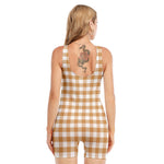 Brown And White Gingham Pattern Print Sleeveless One Piece Swimsuit
