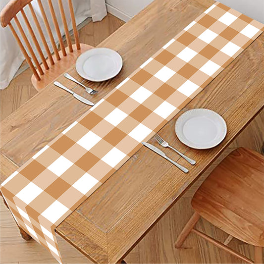 Brown And White Gingham Pattern Print Table Runner