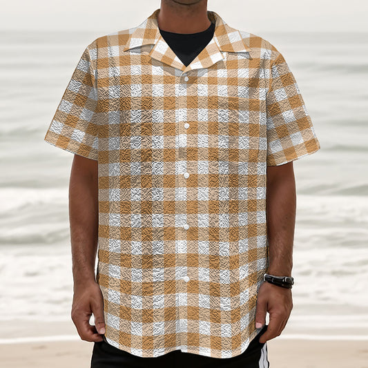 Brown And White Gingham Pattern Print Textured Short Sleeve Shirt