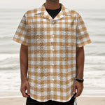 Brown And White Gingham Pattern Print Textured Short Sleeve Shirt