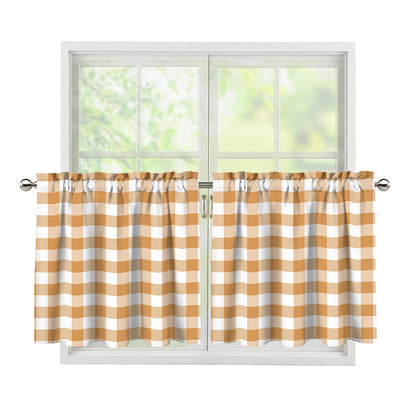 Brown And White Gingham Pattern Print Tier Curtains