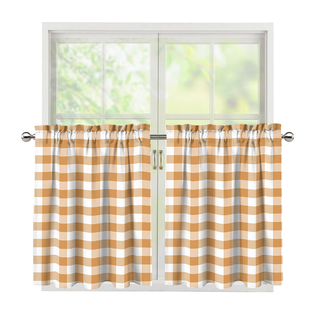 Brown And White Gingham Pattern Print Tier Curtains