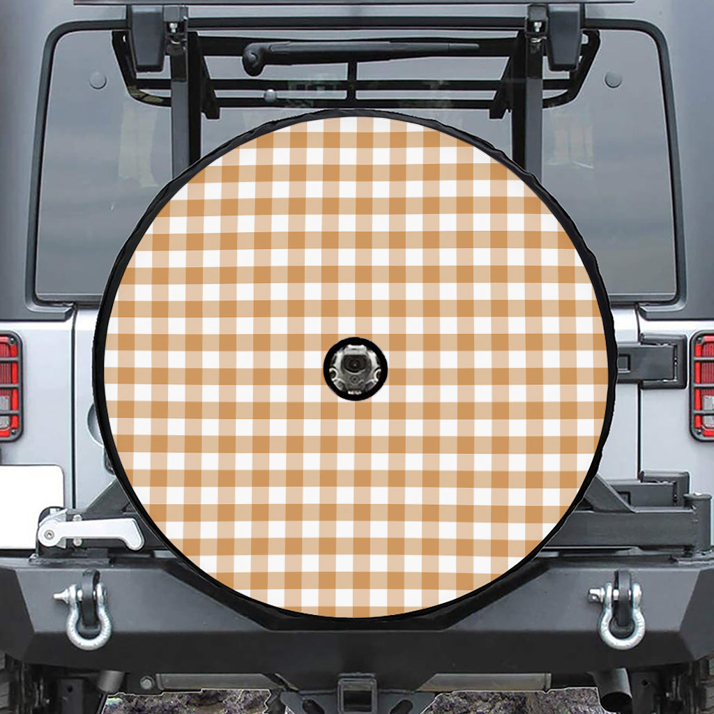 Brown And White Gingham Pattern Print Tire Cover With Camera Hole