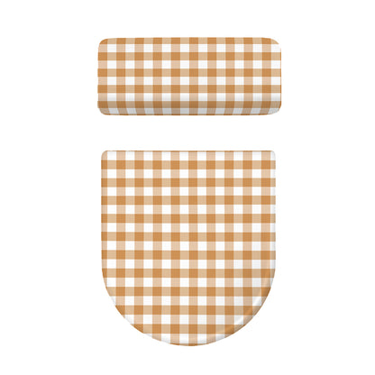 Brown And White Gingham Pattern Print Toilet Lid And Tank Cover Set