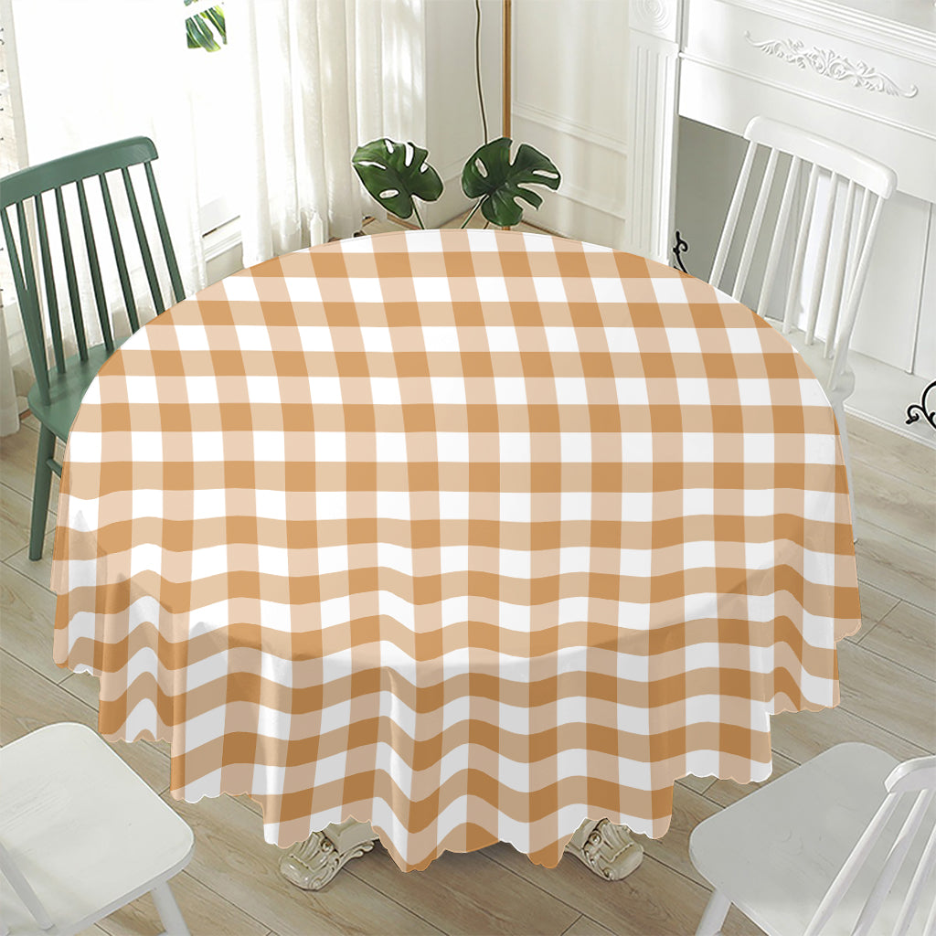 Brown And White Gingham Pattern Print Waterproof Round Tablecloth