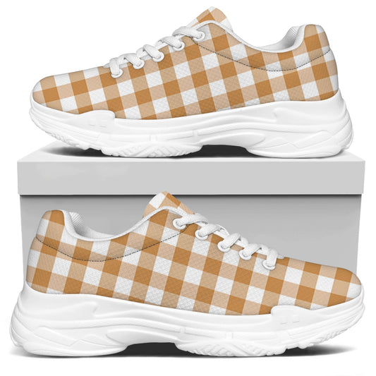 Brown And White Gingham Pattern Print White Chunky Shoes