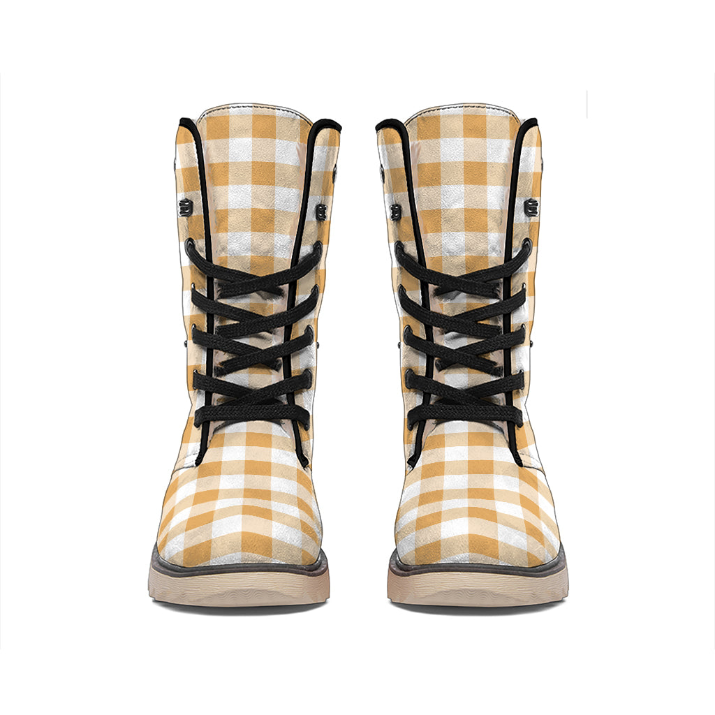 Brown And White Gingham Pattern Print Winter Boots