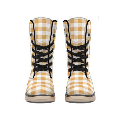 Brown And White Gingham Pattern Print Winter Boots