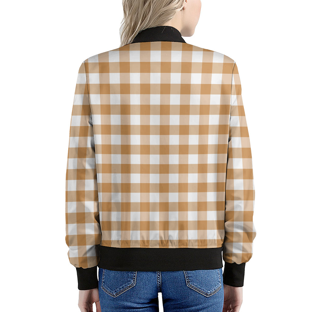 Brown And White Gingham Pattern Print Women's Bomber Jacket