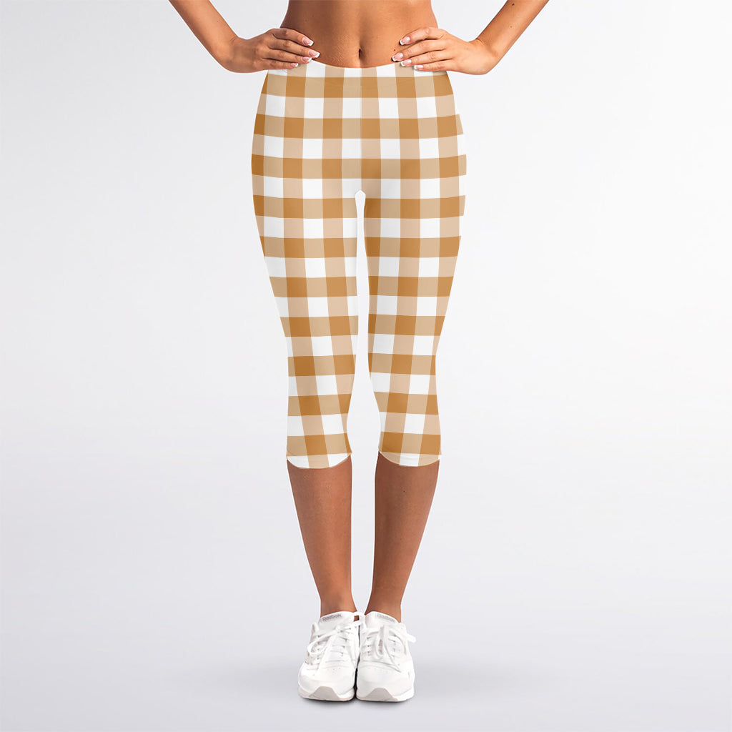 Brown And White Gingham Pattern Print Women's Capri Leggings
