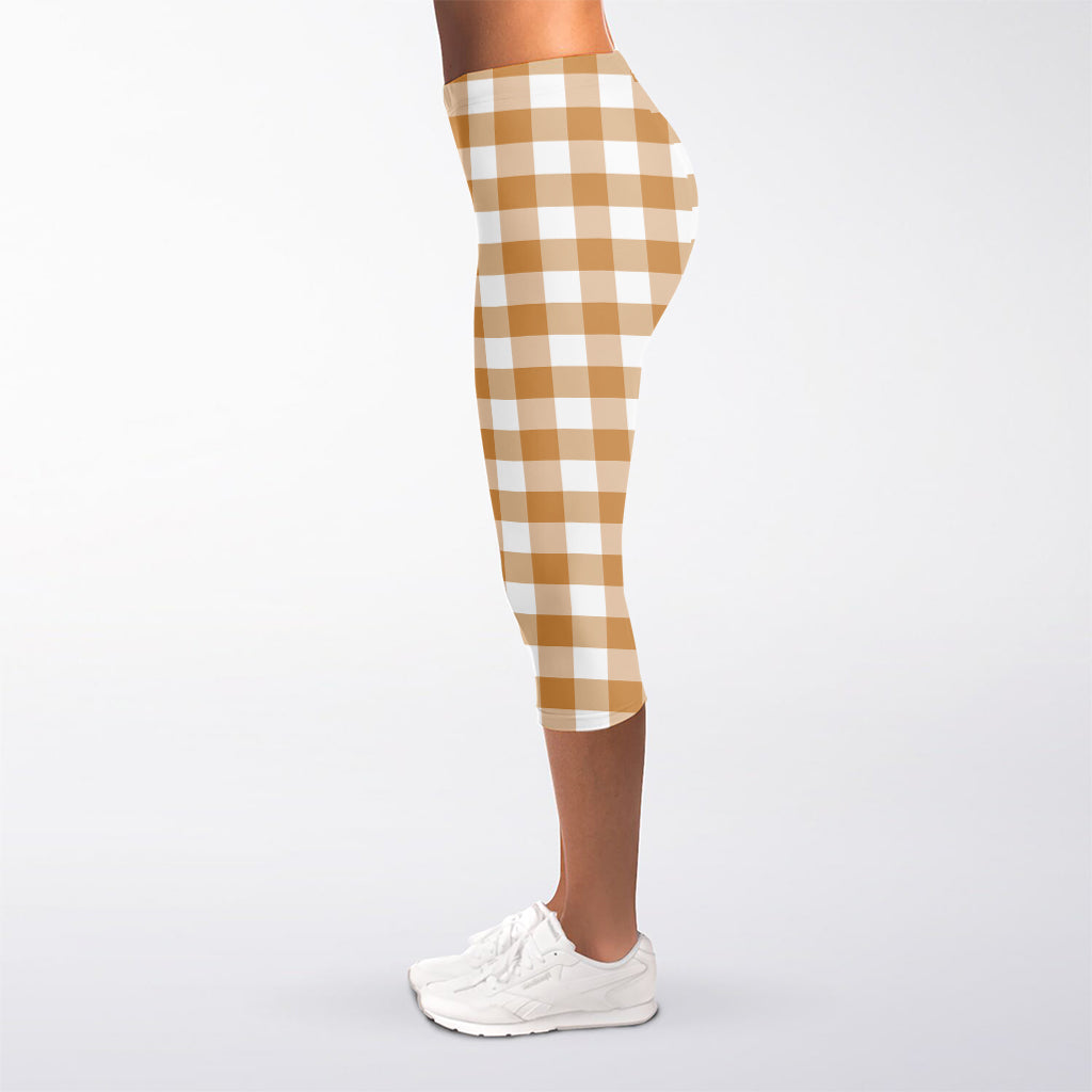 Brown And White Gingham Pattern Print Women's Capri Leggings