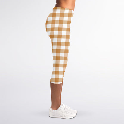 Brown And White Gingham Pattern Print Women's Capri Leggings