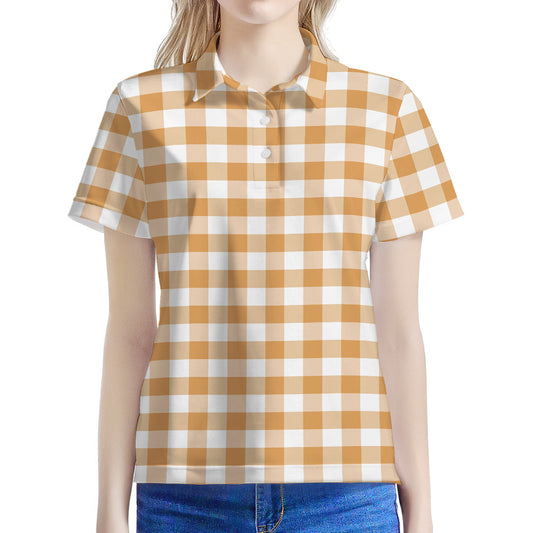 Brown And White Gingham Pattern Print Women's Polo Shirt