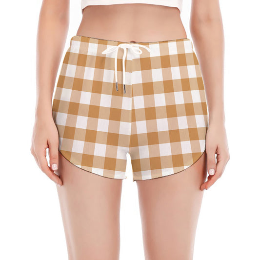 Brown And White Gingham Pattern Print Women's Split Running Shorts