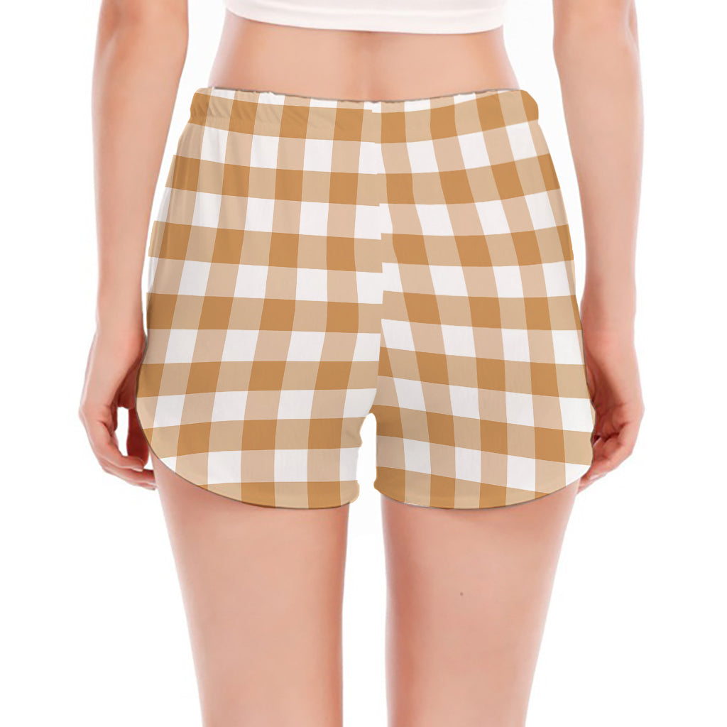 Brown And White Gingham Pattern Print Women's Split Running Shorts