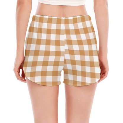 Brown And White Gingham Pattern Print Women's Split Running Shorts