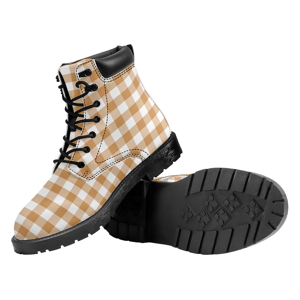 Brown And White Gingham Pattern Print Work Boots