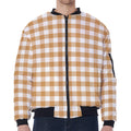 Brown And White Gingham Pattern Print Zip Sleeve Bomber Jacket