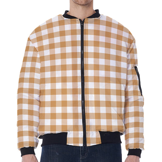 Brown And White Gingham Pattern Print Zip Sleeve Bomber Jacket