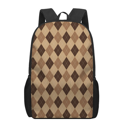 Brown Argyle Pattern Print 17 Inch Backpack