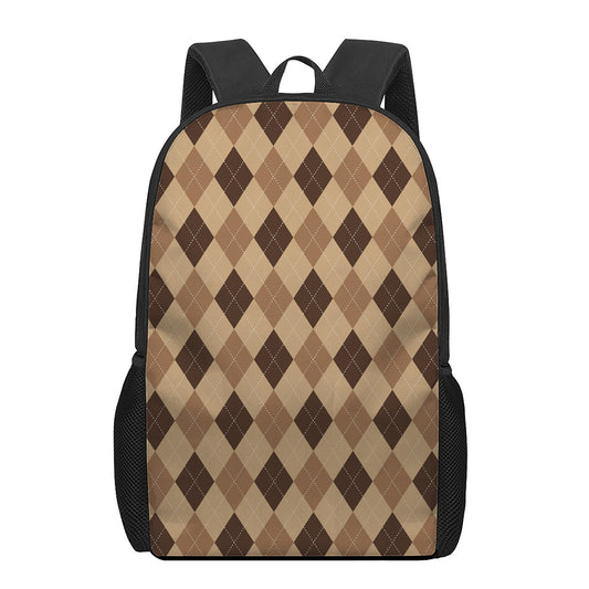 Brown Argyle Pattern Print 17 Inch Backpack