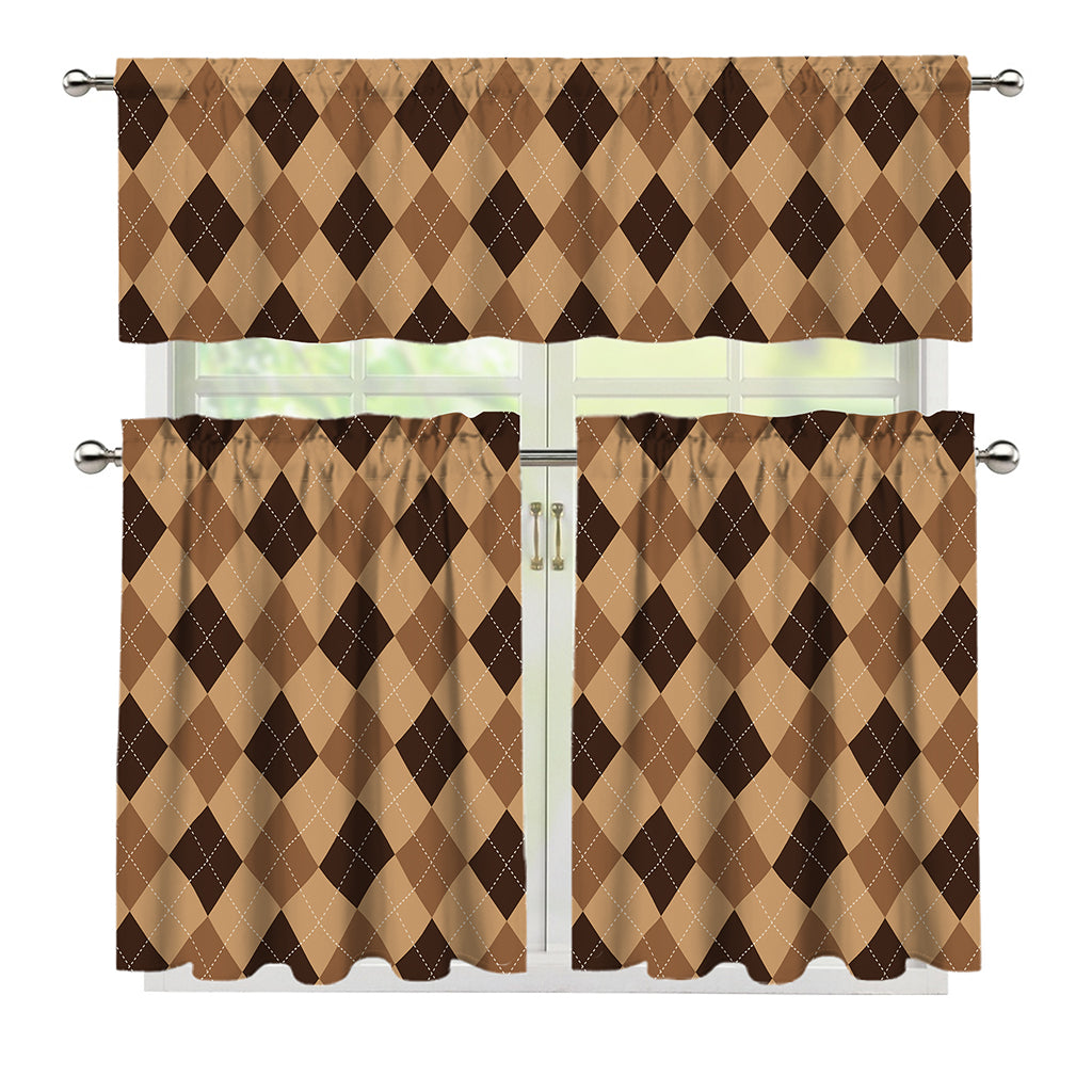 Brown Argyle Pattern Print 3 Piece Kitchen Curtains