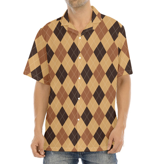 Brown Argyle Pattern Print Aloha Shirt
