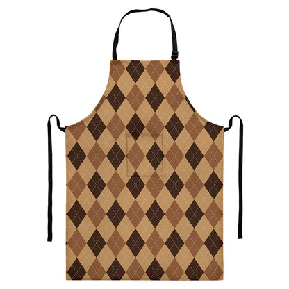 Brown Argyle Pattern Print Bib Apron With Pocket