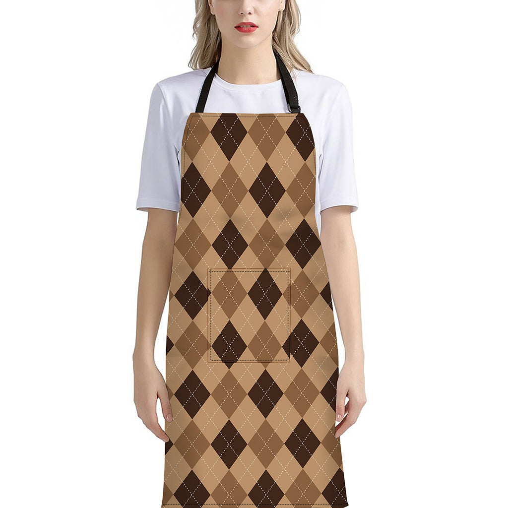 Brown Argyle Pattern Print Bib Apron With Pocket