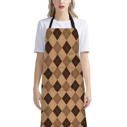 Brown Argyle Pattern Print Bib Apron With Pocket