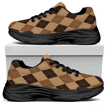 Brown Argyle Pattern Print Black Chunky Shoes