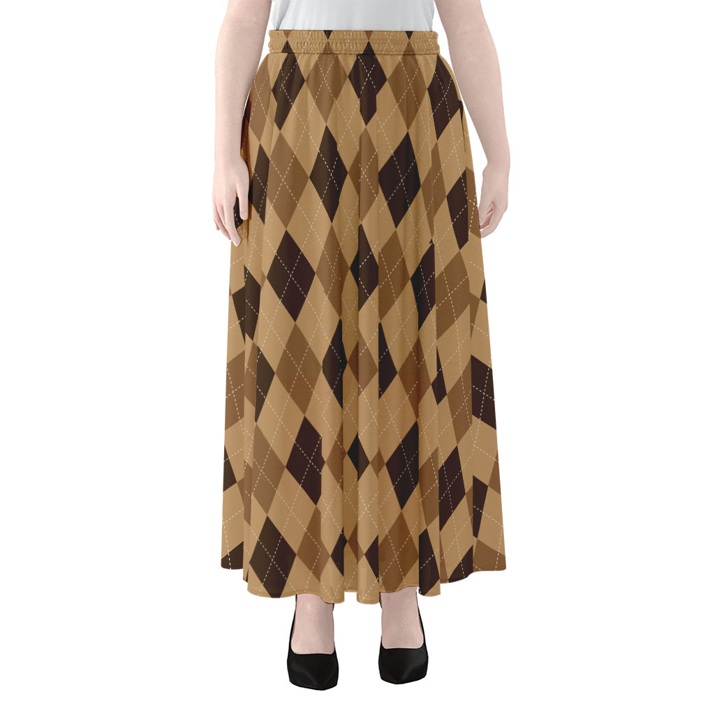 Brown Argyle Pattern Print Chiffon Maxi Skirt