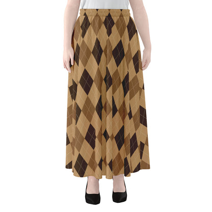 Brown Argyle Pattern Print Chiffon Maxi Skirt