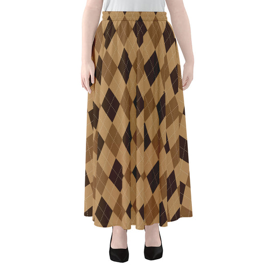 Brown Argyle Pattern Print Chiffon Maxi Skirt