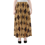 Brown Argyle Pattern Print Chiffon Maxi Skirt
