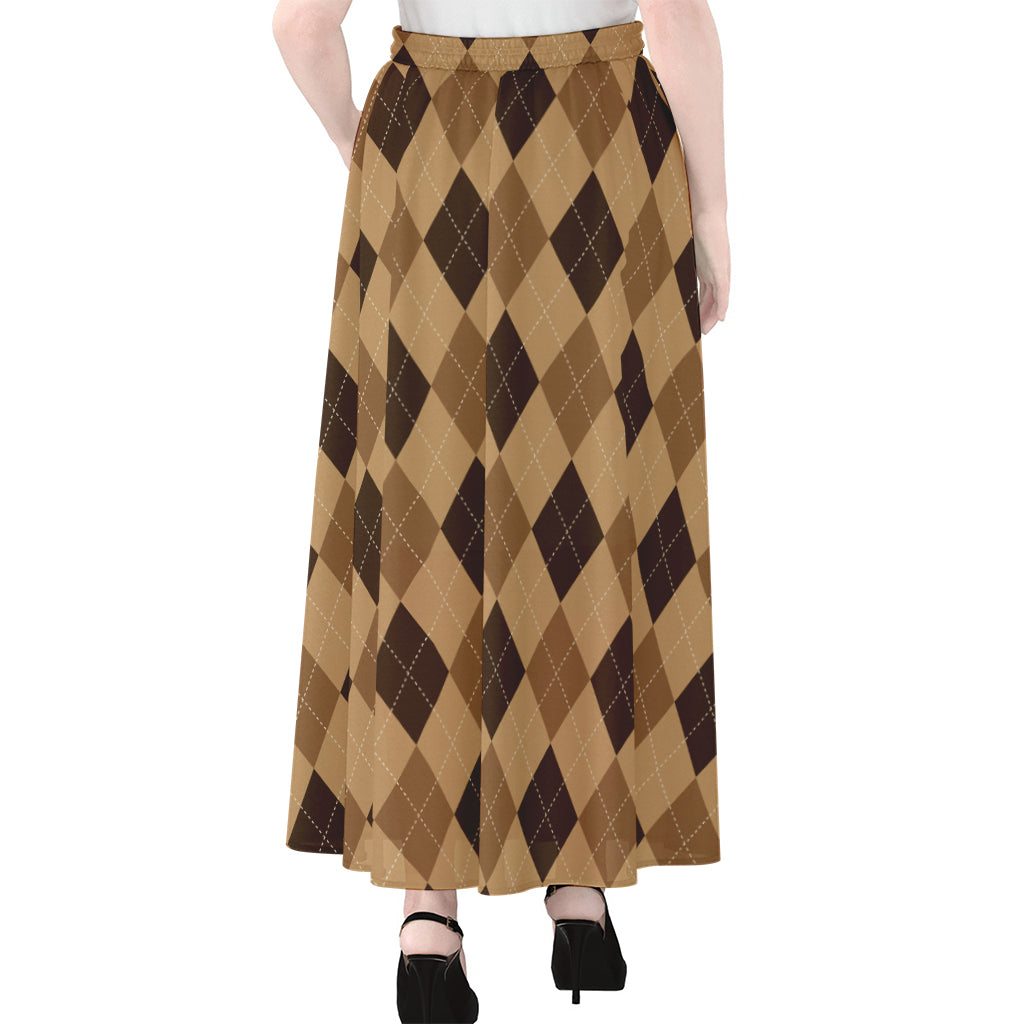 Brown Argyle Pattern Print Chiffon Maxi Skirt