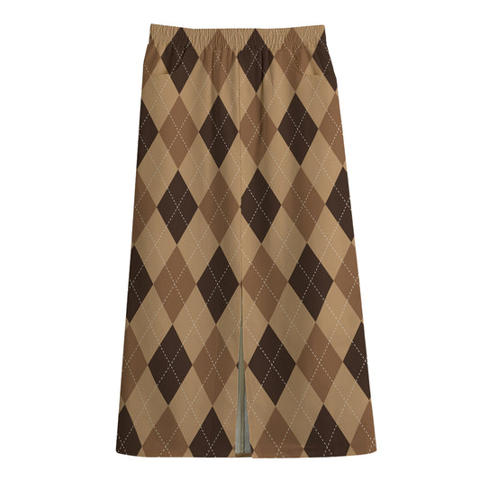 Brown Argyle Pattern Print Cotton Front Slit Maxi Skirt