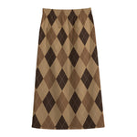 Brown Argyle Pattern Print Cotton Front Slit Maxi Skirt
